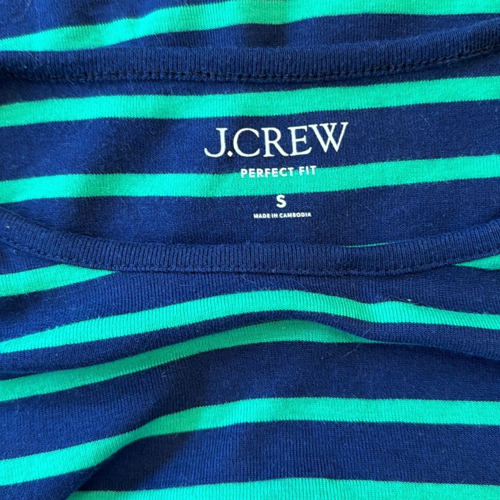 J Crew Perfect Fit Elbow Length Tee Navy/Green stripe - Picture 3 of 7